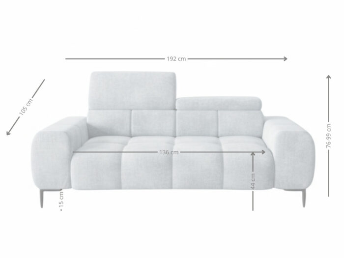 Nowoczesna Sofa 2-Osobowa 192 CM + Designerska Pikowana Kanapa Do Salonu + Wysokie Metalowe Nóżki + Regulowane Zagłówki - SALLY