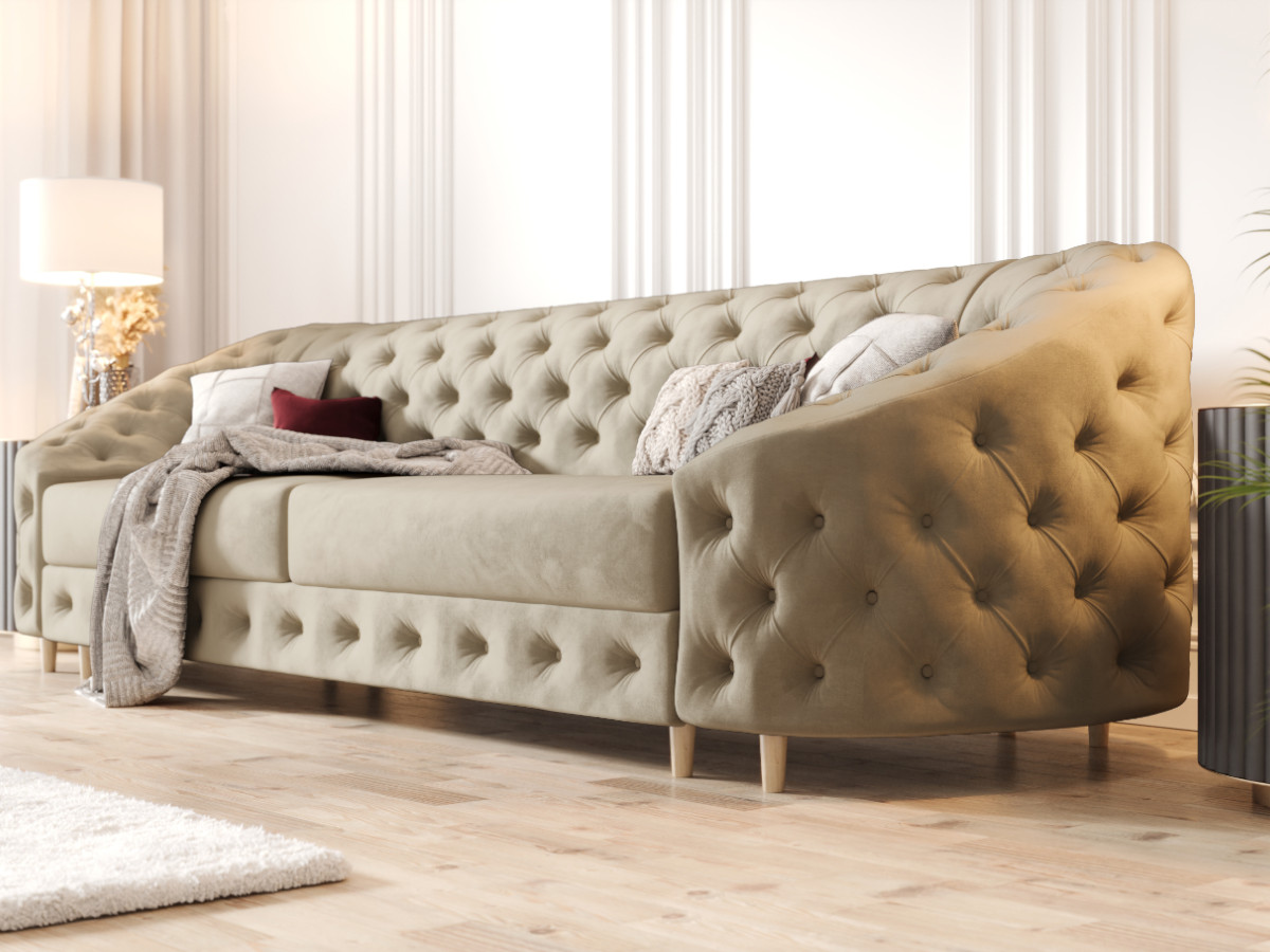 sofa-kanapa-duza-290-cm-3-osobowa-pikowana-elegancka-styl-glamour-rozkladana-z-funkcja-spania-pojemnikiem-VENUS-welwet-bezowy Pikowana Sofa Rozkładana 3 Osobowa 290 CM - Elegancka Kanapa W Stylu Glamour + Pianka HR45 + Sprężyny Bonell - VENUS