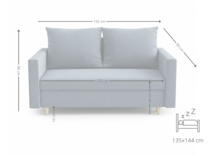 Dwuosobowa Sofa 155 CM Mała Kanapa Rozkładana Z Pojemnikiem + Sprężyny Bonell Pianka T30 + Wybór Kolorów DALLAS