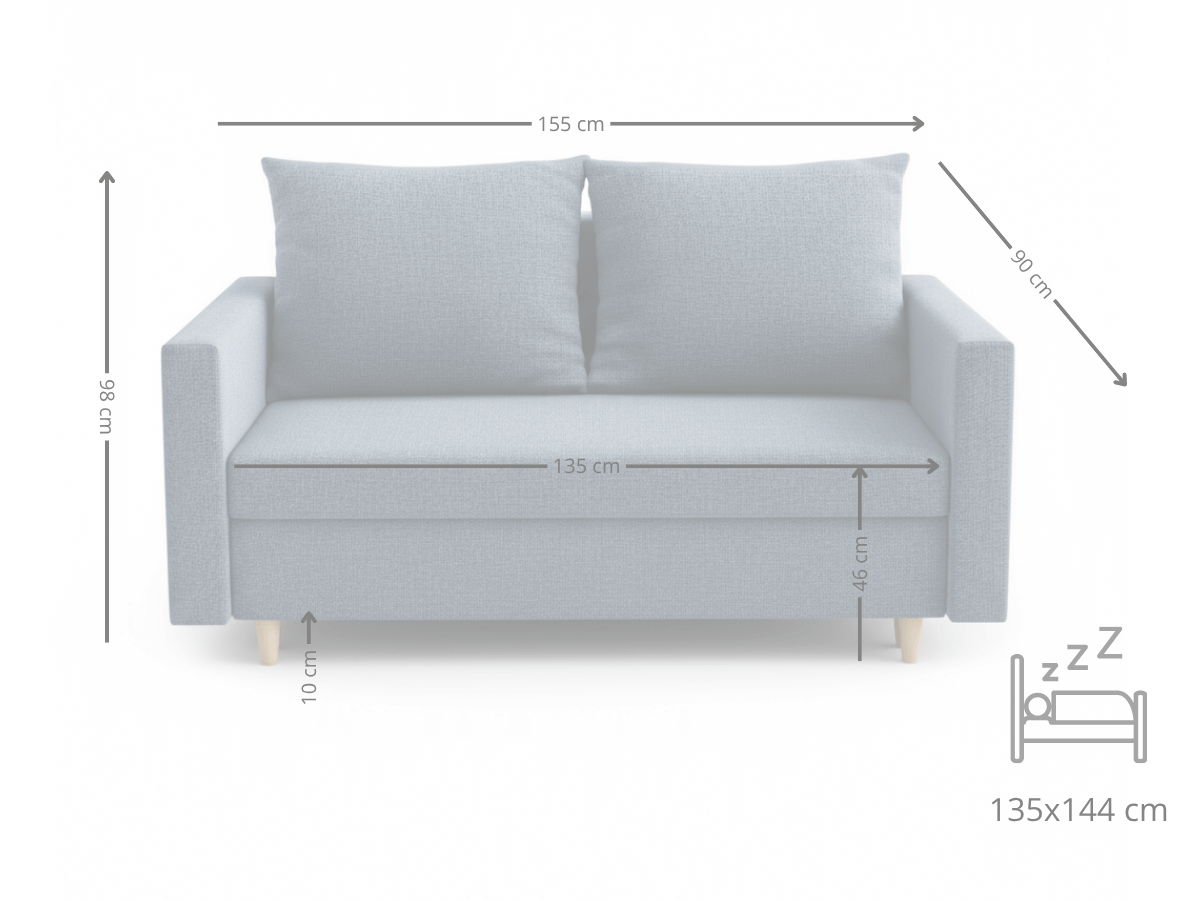 Dwuosobowa Sofa 155 CM Mała Kanapa Rozkładana Z Pojemnikiem + Sprężyny Bonell Pianka T30 + Wybór Kolorów DALLAS
