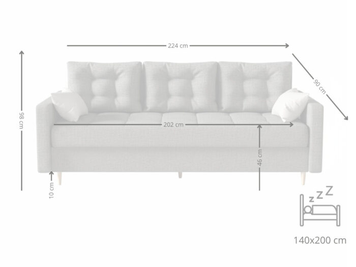 Sofa 3 Osobowa Rozkładana 224 CM Kanapa Z Pojemnikiem + Pikowane Siedzisko Poduszki + Wysokie Nóżki + Wybór Kolorów FLORIDA