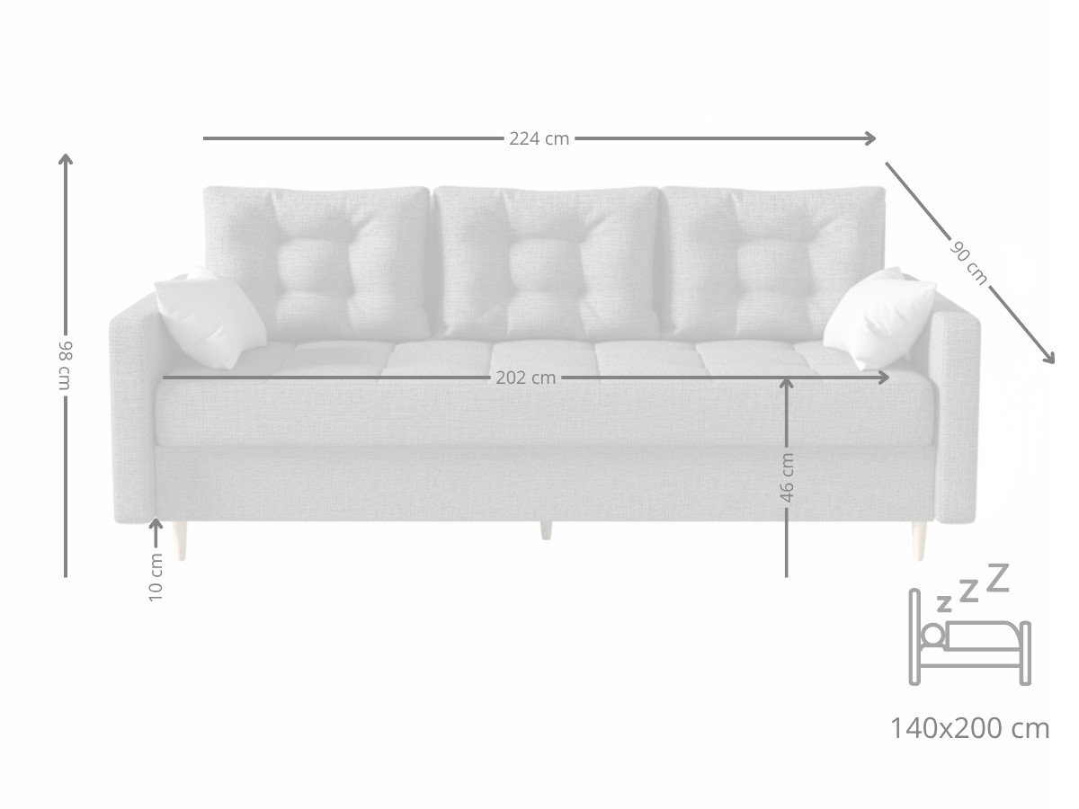 Sofa 3 Osobowa Rozkładana 224 CM Kanapa Z Pojemnikiem + Pikowane Siedzisko Poduszki + Wysokie Nóżki + Wybór Kolorów FLORIDA