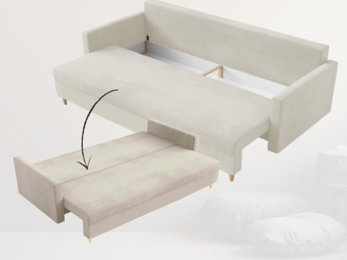 Sofa Z Funkcją Spania 3 Osobowa 222 CM Kanapa Rozkładana Z Pojemnikiem + Wysokie Nóżki + Wybór Kolorów SPRING
