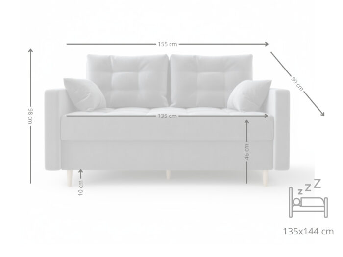 Dwuosobowa Kanapa 155 CM Mała Sofa Rozkładana Z Pojemnikiem + Sprężyny Bonell Pianka T30 + Wybór Kolorów TEMPE
