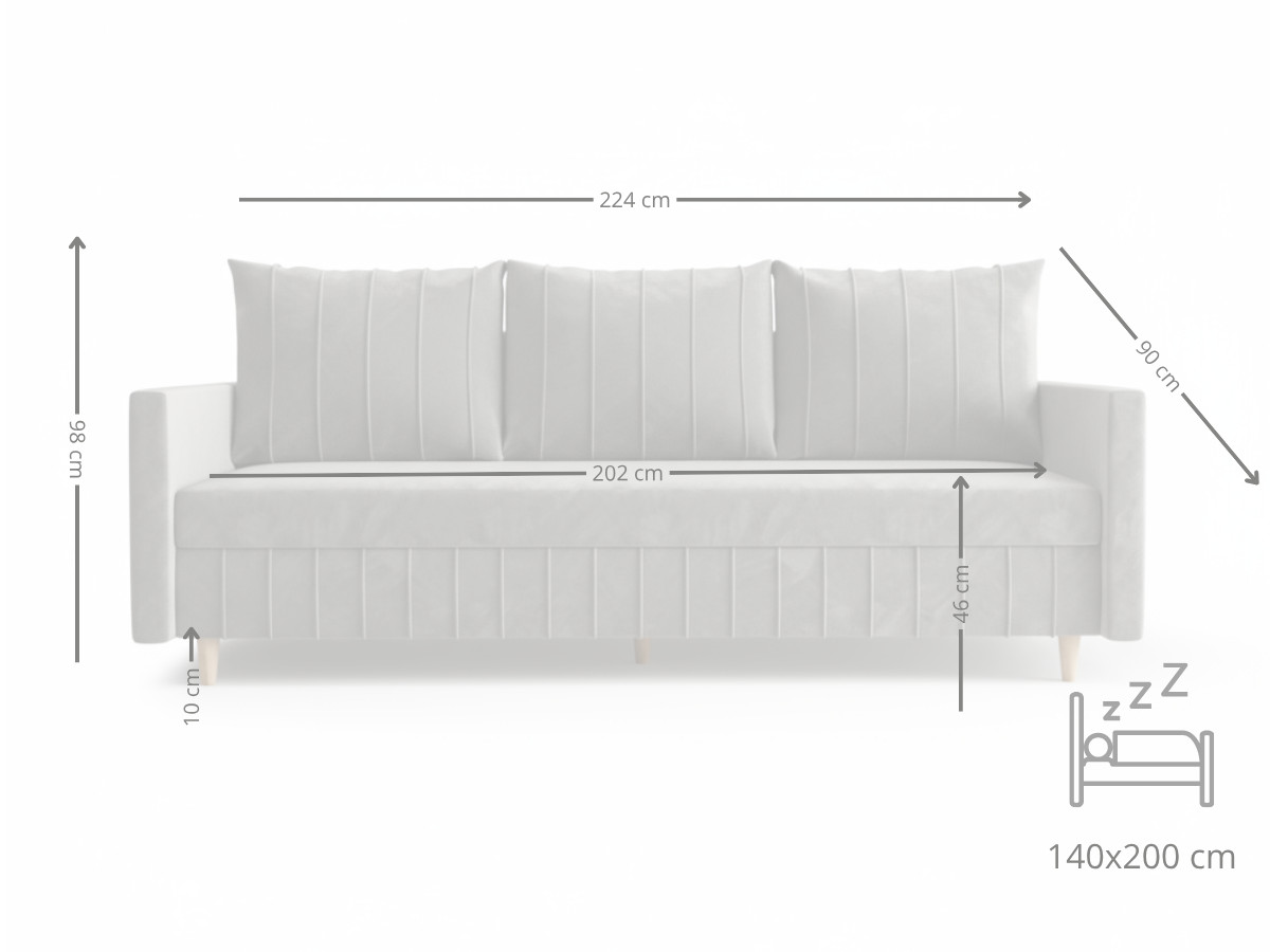 Stylowa Kanapa Rozkładana 224 CM Sofa 3 Osobowa + Pojemnik Na Pościel + Bonell Pianka T30 + Wysokie Nóżki + Wybór Kolorów WATSON