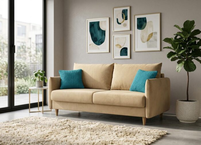 Sofa Rozkładana Karo 225 cm beżowa aranżacja