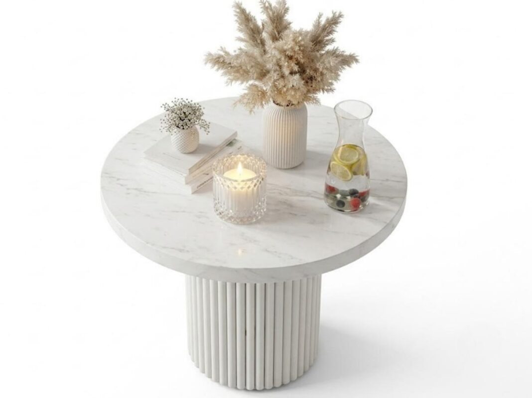 Stolik Kawowy Loft 65 cm Unity - Okrągła Ława - Biała Elegancja Z Marmurem Bianco