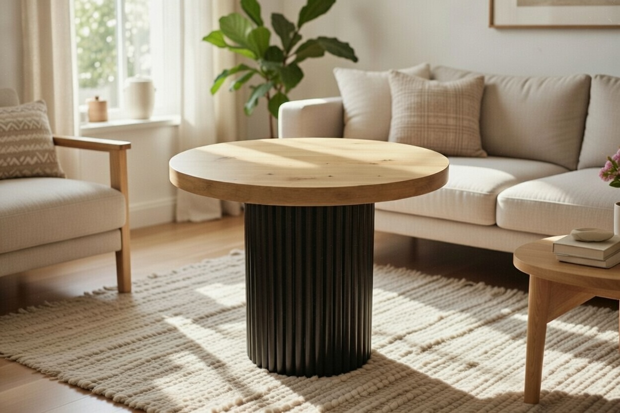 Przodem w skandynawskim wnętrzu Okrągły Stolik Loft 65 cm Unity