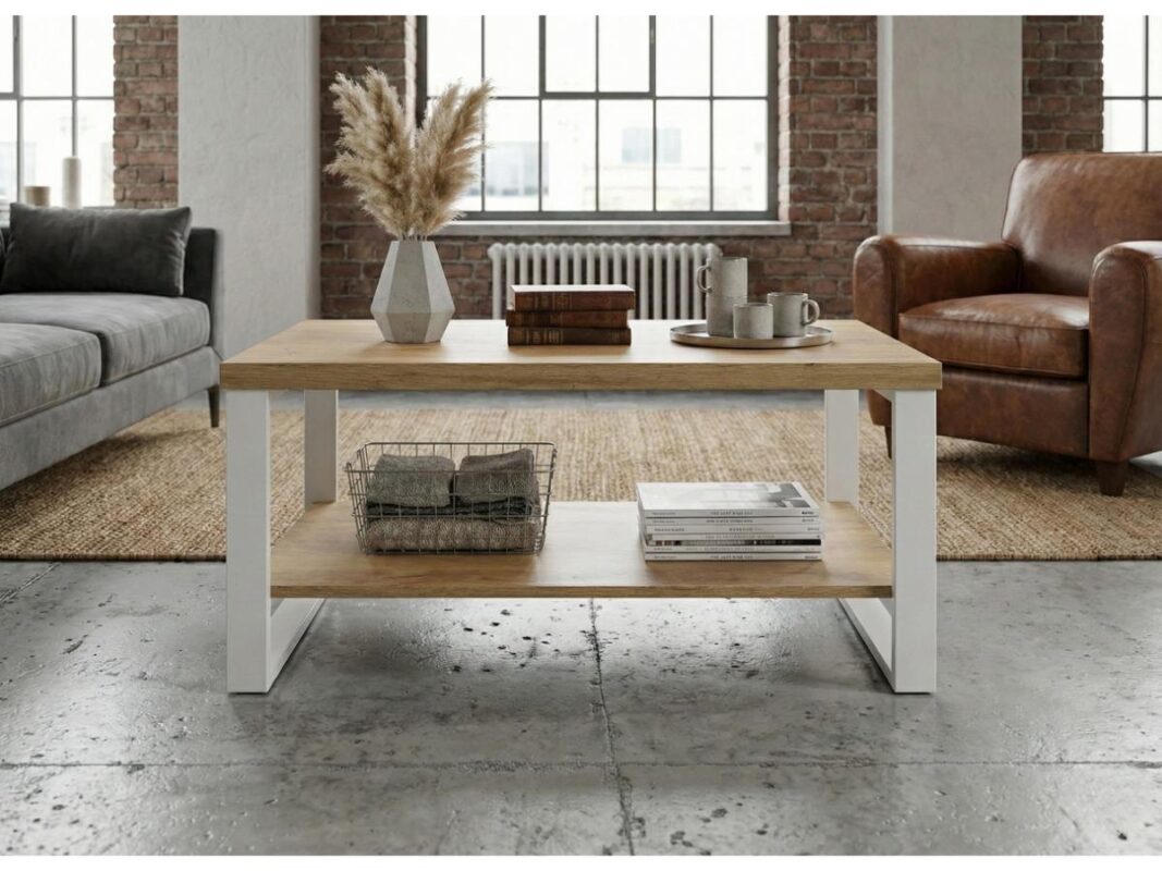 Stolik kawowy 90x60 cm Soho przodem w industrialnym wnętrzu
