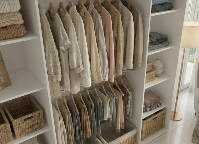 Zbliżenie kadr na wnętrze szafy białej 180 cm Mikea