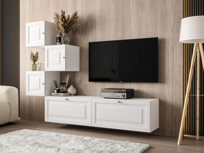 Biała Meblościanka Zestaw RTV 185X140X35 CM - Opcja Własnej Konfiguracji - Fronty Frezowane MDF 18 MM DAKOTA